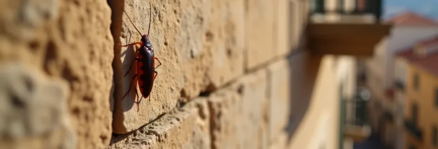 Vue réaliste d'un bâtiment ancien de Marseille avec un focus sur une fissure et une cafard se déplaçant, lumière naturelle douce et ambiance urbaine