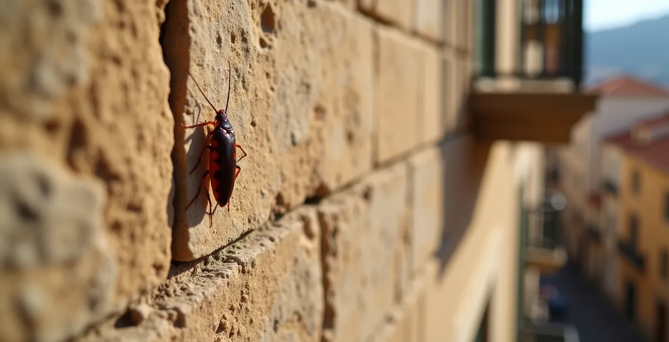 Vue réaliste d'un bâtiment ancien de Marseille avec un focus sur une fissure et une cafard se déplaçant, lumière naturelle douce et ambiance urbaine