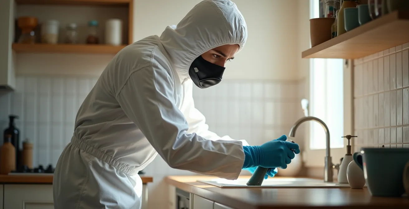 Technicien professionnel en tenue avec équipement de traitement dans un appartement marseillais typique, ambiance lumineuse naturelle
