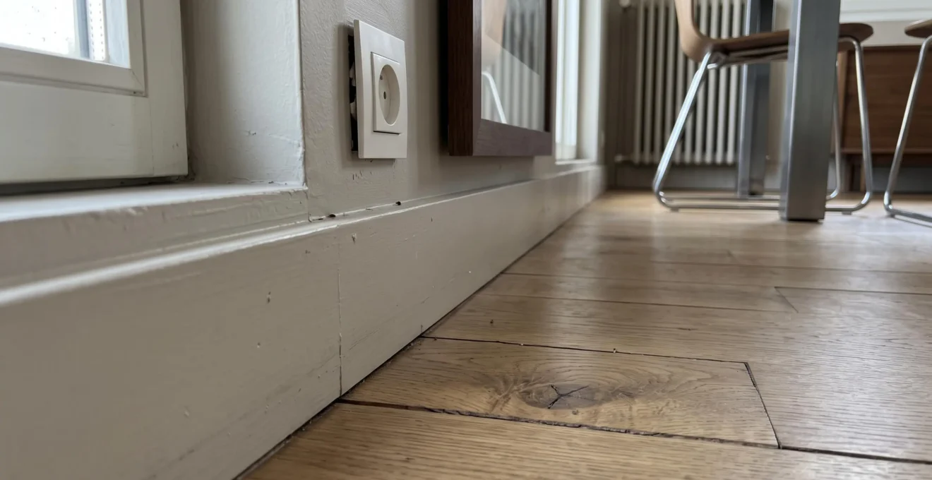Gros plan sur les cachettes typiques des punaises de lit dans un logement : plinthes, prises électriques et fissures difficilement repérables à l'œil nu
