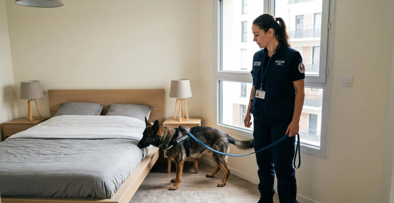 Chien détecteur professionnel inspectant une chambre moderne accompagné de son maître-chien certifié dans un appartement résidentiel français