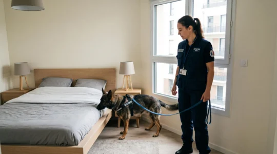 Chien détecteur professionnel inspectant une chambre moderne accompagné de son maître-chien certifié dans un appartement résidentiel français