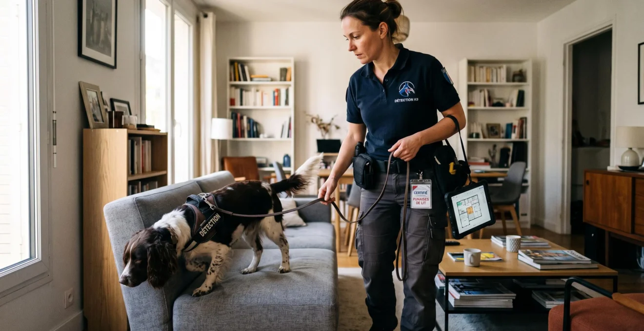 Maître-chien professionnel et son chien détecteur certifié en intervention active de détection de punaises de lit dans un appartement